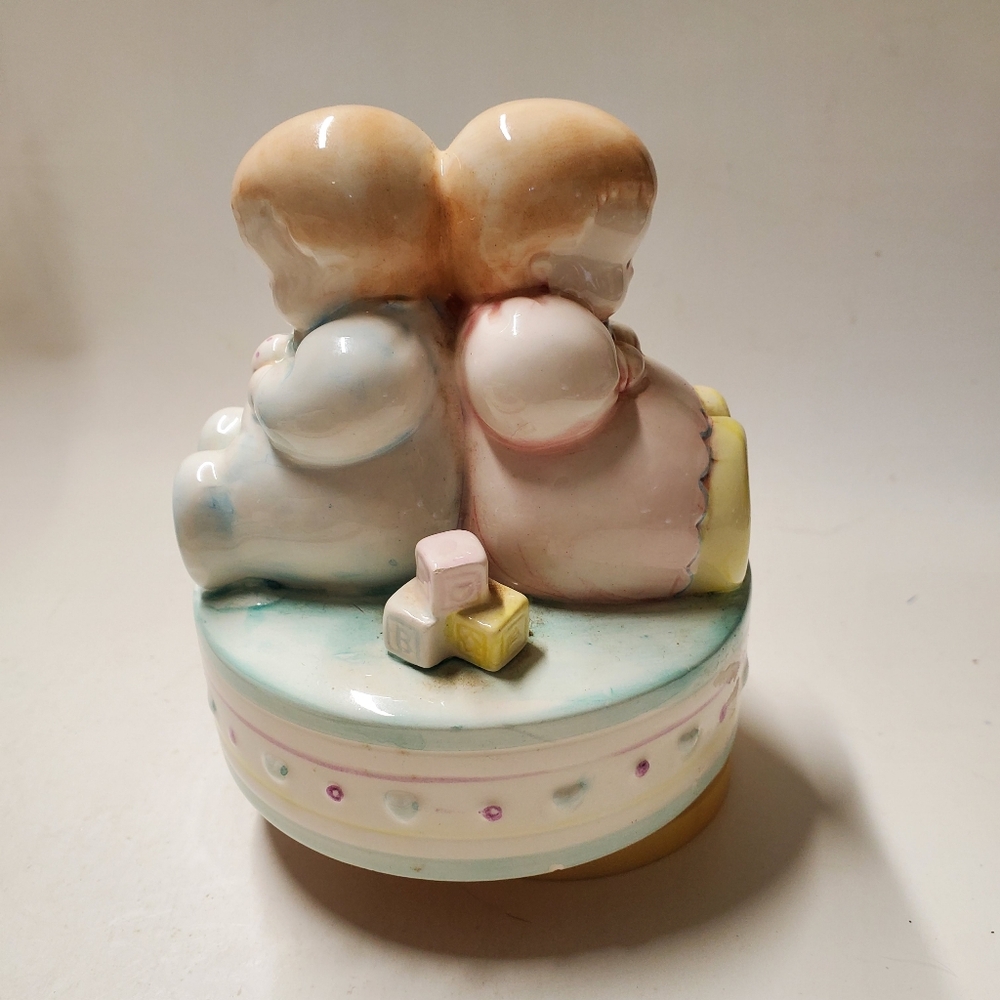 Baby Boy Baby Girl Glazed Ceramic Music Box Plays It's a Small World